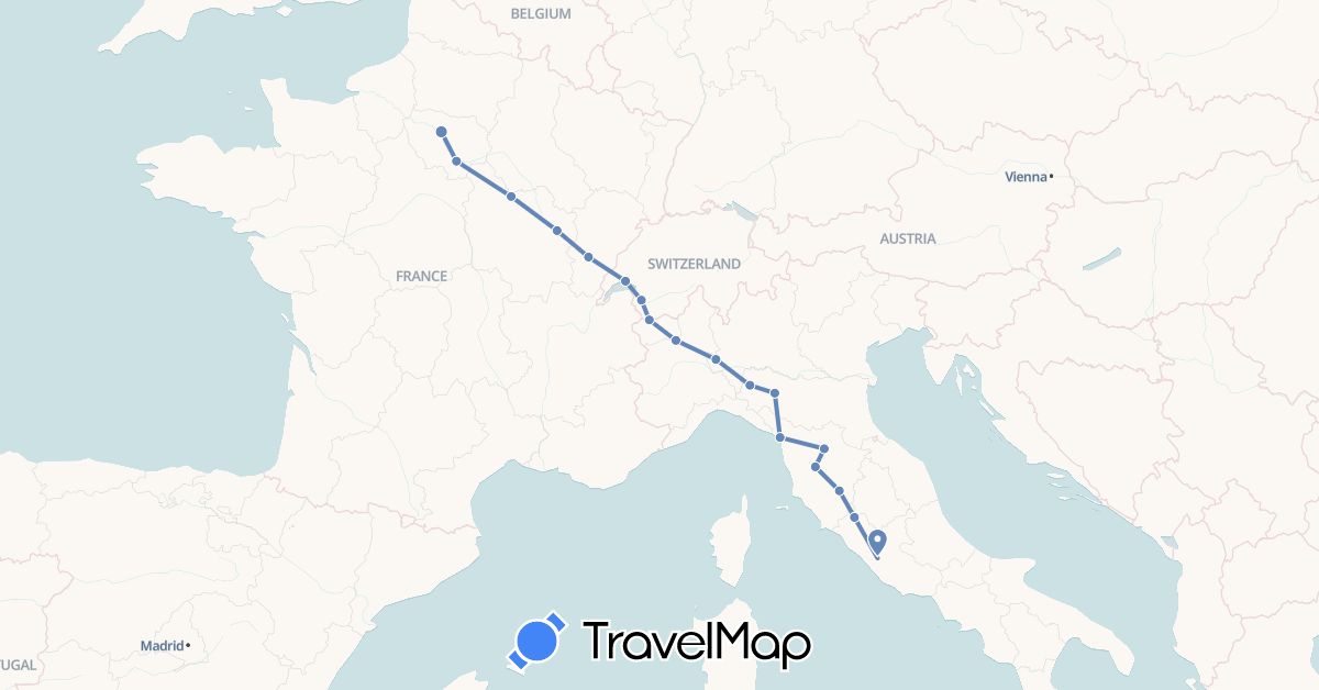 TravelMap itinerary: driving, cycling in Switzerland, France, Italy (Europe)